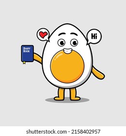Cute cartoon boiled egg character holding diary book with happy expression in concept 3d cartoon