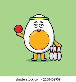 Cute cartoon boiled egg character playing bowling in 3d modern style design