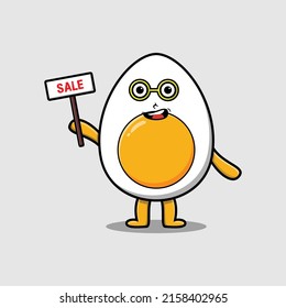 Cute cartoon boiled egg character holding sale sign designs in concept 3d cartoon style