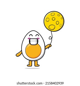 Cute cartoon boiled egg floating with moon balloon cartoon vector illustration