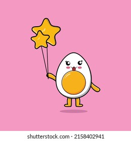 Cute cartoon boiled egg floating with star balloon cartoon vector illustration