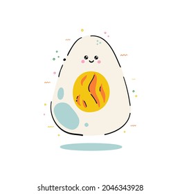 Cute Cartoon Boiled Egg. Healthy Food Illustration For Kids. Hand Drawn Breakfast Poster With Shapes, Circles. A Character In The Japanese Style For Decorating Brochures, Books, Magazines.