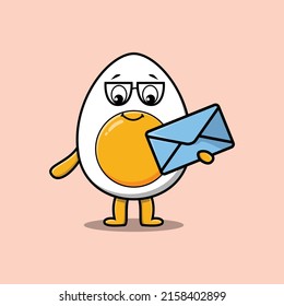 Cute cartoon boiled egg holding envelope with cartoon vector illustration style