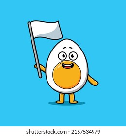 Cute cartoon Boiled egg mascot character with white flag in modern design