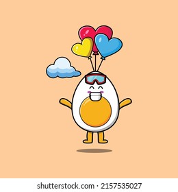 Cute cartoon Boiled egg mascot is skydiving with balloon and happy gesture cute modern style design