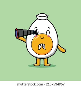 Cute cartoon boiled egg sailor with hat and using binocular cute modern style design
