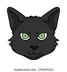 Caricatura corta del gato Bombay portador de la cara. Cría de gatitos pedigrí para los amantes de los gatos. Gatito doméstico negro purebred para mascota ilustrativa de salón de mascotas. Housecat felino aislado. EPS 10.