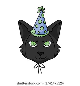 Cute cartoon bombay cat face with party hat vector clipart. Pedigree kitty breed for cat lovers. Celebration kitten for pet parlor illustration mascot. Isolated feline housecat. EPS 10.