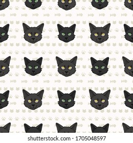 Cute cartoon Bombay cat and kitten face seamless vector pattern. Pedigree kitty breed domestic cat background. Cat lover black Asian purebred all over print. Feline EPS 10. 