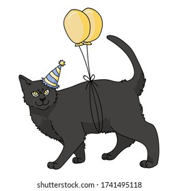 Cute cartoon bombay cat with party hat vector clipart. Pedigree kitty breed for cat lovers. Celebration kitten for pet parlor illustration mascot. Isolated feline housecat. EPS 10.