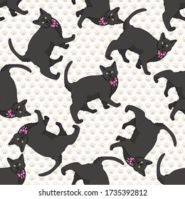 Cute cartoon Bombay cat with pink bow seamless vector pattern. Pedigree kitty breed domestic cat background. Cat lover black Asian purebred all over print. Feline EPS 10. 