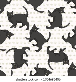 Cute cartoon Bombay cat seamless vector pattern. Pedigree kitty breed domestic cat background. Cat lover black Asian purebred all over print. Feline EPS 10. 