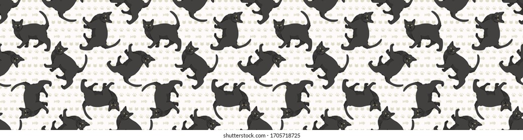 Cute cartoon Bombay cat seamless border pattern. Pedigree kitty breed domestic kitty background. Cat lover Asian purebred washi ribbon. Feline EPS 10 trim. 