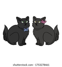 Cute cartoon Bombay kitten boy and girl vector clipart. Pedigree kitty breed for cat lovers. Purebred black domestic cat for pet parlor illustration mascot. Isolated feline housecat. EPS 10.