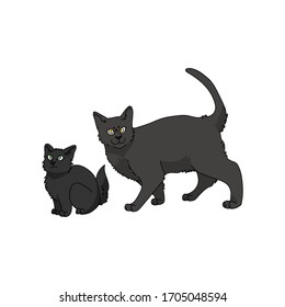 Cute caricatura del gatito de Bombay y el portavoz del gato. Cría de gatitos pedigrí para los amantes de los gatos. Gatito doméstico negro purebred para mascota ilustrativa de salón de mascotas. Housecat felino aislado. EPS 10.