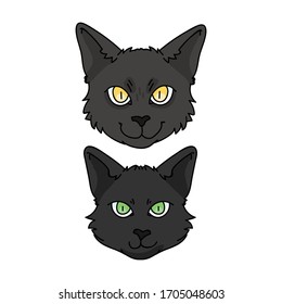 Cute caricatura del gatito de Bombay y el gato portador de la cara clíparte. Cría de gatitos pedigrí para los amantes de los gatos. Gatito doméstico negro purebred para mascota ilustrativa de salón de mascotas. Housecat felino aislado. EPS 10.