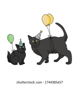 Cute cartoon Bombay kitten and cat face with party hat vector clipart. Pedigree kitty breed for cat lovers. Celebration for pet parlor illustration mascot. Isolated feline housecat. EPS 10.