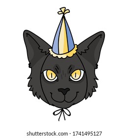 Cute cartoon bombay kitten face with party hat vector clipart. Pedigree kitty breed for cat lovers. Celebration cat for pet parlor illustration mascot. Isolated feline housecat. EPS 10.