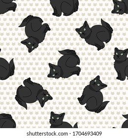 Cute cartoon Bombay kitten seamless vector pattern. Pedigree kitty breed domestic cat background. Cat lover black Asian purebred all over print. Feline EPS 10. 