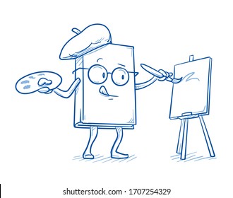 Cute cartoon book charachter drawing an artwork. Mascot for kids and art class at school. Hand drawn line art cartoon vector illustration.