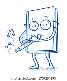 Cute cartoon book charachter happily playing the flute. Mascot for kids and music class at school. Hand drawn line art cartoon vector illustration.