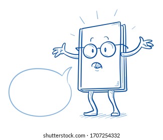 Cute cartoon book charachter looking concerned or afraid with raised hands and speech bubble. Mascot for kids and school. Hand drawn line art cartoon vector illustration.