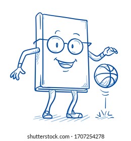 Cute cartoon book charachter playing basketball. Mascot for kids and gym class at school. Hand drawn line art cartoon vector illustration.