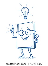 Cute cartoon book charachter with raised finger, smiling and having an idea, with light bulb icon. Mascot for kids and school. Hand drawn line art cartoon vector illustration.