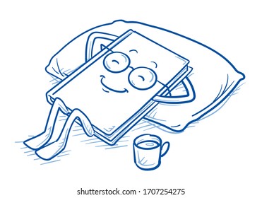 Cute cartoon book charachter relaxing on a cushion. Mascot for kids and school. Hand drawn line art cartoon vector illustration.