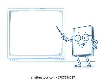 Cute cartoon book charachter smiling and pointing to an empty blackboard. Mascot for kids and school. Hand drawn line art cartoon vector illustration.