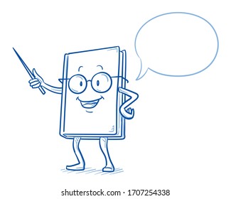 Cute cartoon book charachter smiling and explaining with a pointing stick, with speech bubble. Mascot for kids and school. Hand drawn line art cartoon vector illustration.