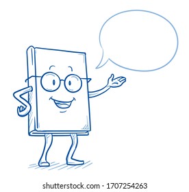 Cute cartoon book charachter talking and presenting someting. Mascot for kids and school. Hand drawn line art cartoon vector illustration.