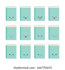 Cute cartoon book character with different emotions. Vector flat icons set isolated on white background.