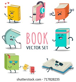 Cute Cartoon Book Character With Different Emotions And In Action. Vector Flat Icons Set Isolated On White Background.