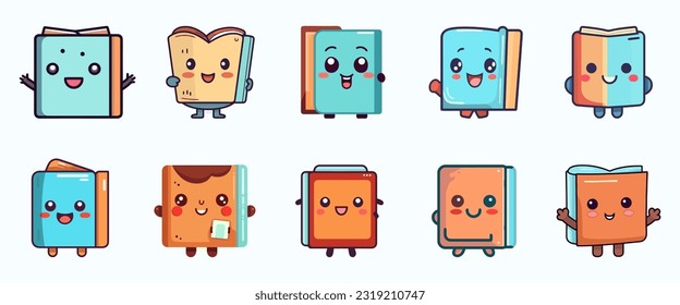 Cute cartoon book character, happy and smiling, for icon, logo, mascot, sticker and print