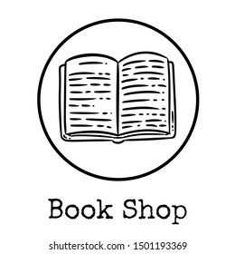 Cute cartoon book doodle image. Book shop logo. Media highlights graphic icon