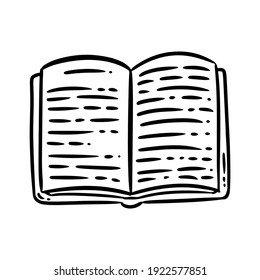Cute cartoon book doodle image. Book shop logo. Media highlights graphic icon