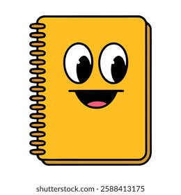 A cute cartoon book or notebook with a cheerful face, big round eyes, and a bright smile. The character has a playful and friendly expression, perfect for children's designs. Isolated on a white