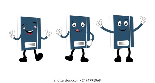 Cute cartoon book set character with different emotions and in action. Collection of cartoon,retro, groovy characters.  Vector flat icons set isolated on white background.