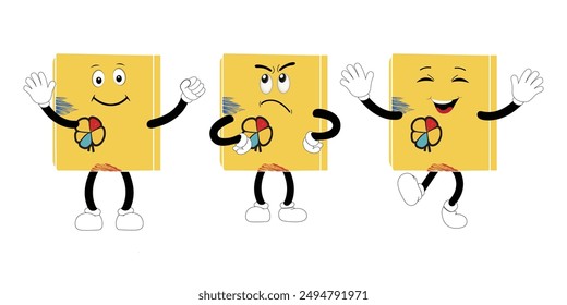 Cute cartoon book set character with different emotions and in action. Collection of cartoon,retro, groovy characters.  Vector flat icons set isolated on white background.