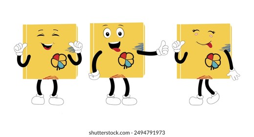 Cute cartoon book set character with different emotions and in action. Collection of cartoon,retro, groovy characters.  Vector flat icons set isolated on white background.