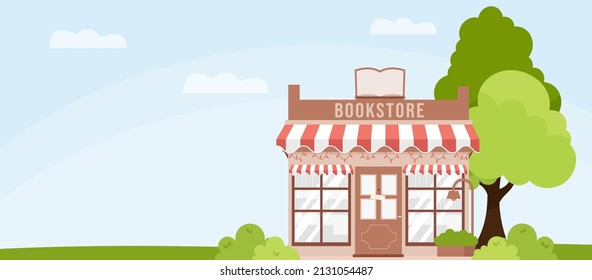 Cute Cartoon Book Store Facade.  Sunny Day, Blue Sky, Green Tree And Shrubs. Flat Style Vector Illustration. Building Exterior	
