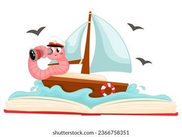 Cute cartoon book worm character exploring ocean, little earthworm captain sailing boat, reading books concept with kawaii mascot 