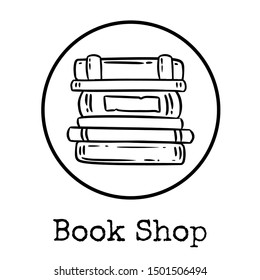 Cute cartoon books doodle image. Book shop logo. Media highlights graphic icon