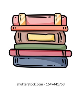 Cute cartoon books doodle image. Book shop logo. Media highlights graphic icon