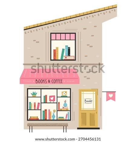 Cute Cartoon Bookstore and Coffee Shop Facade Building with Books and Pink Awning.