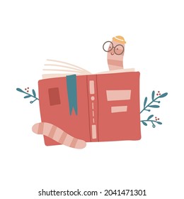 Cute cartoon Bookworm with glasses and hat reading behind a book. Flat hand drawn vector illustration.