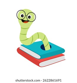 Cute cartoon Bookworm with glasses on stack of books. Simple vector clip art illustration.