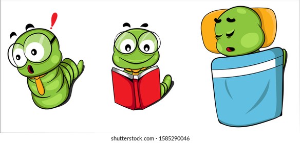 Cute cartoon Bookworm with glasses to read a book, sleeping and shocked on white background. Simple vector clip art illustration.