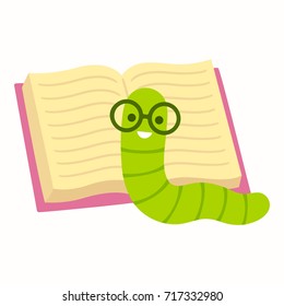 Cute Cartoon Bookworm With Glasses Reading Book, Vector Drawing.